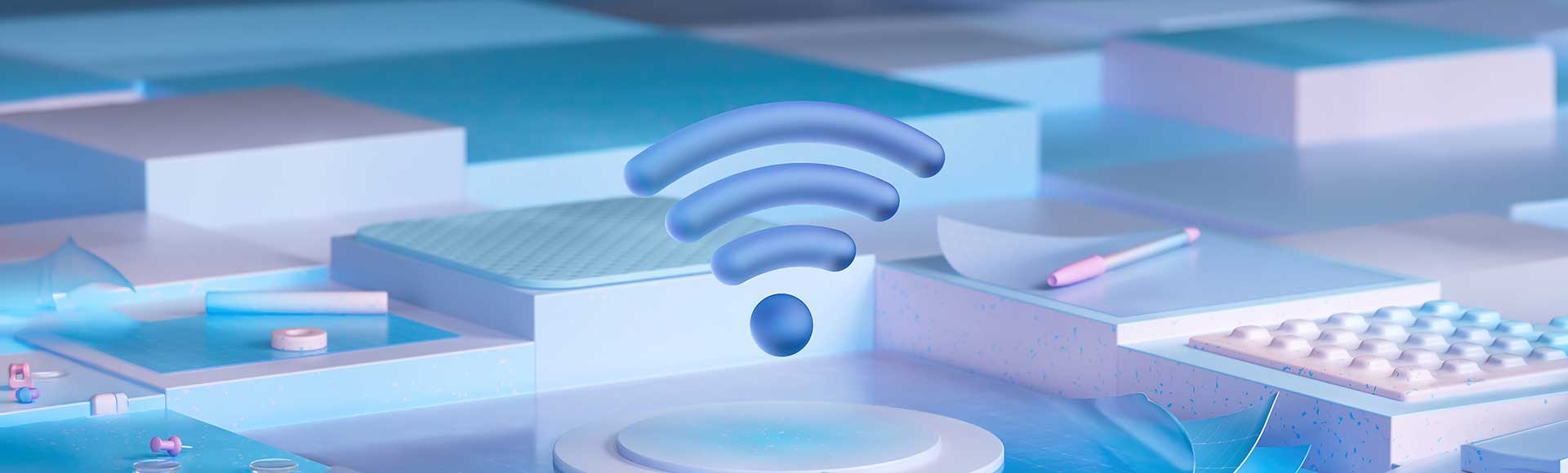 A 3D modeled wi fi icon surrounded by geometrical objects